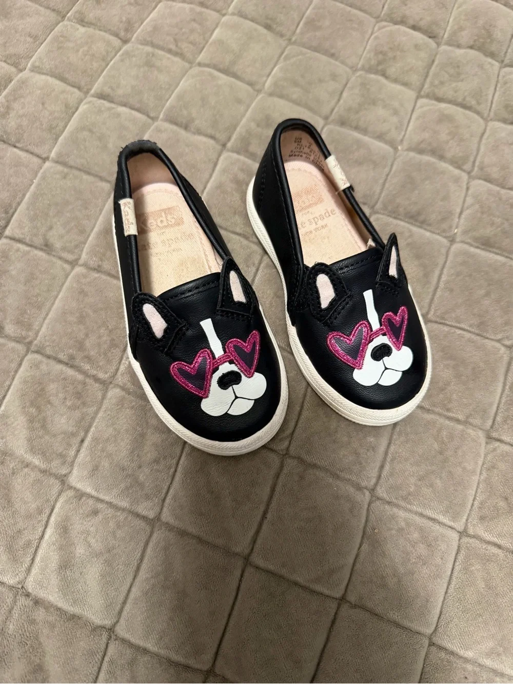 Keds Kids Black Bunny Slip-On Shoes with Pink Hearts